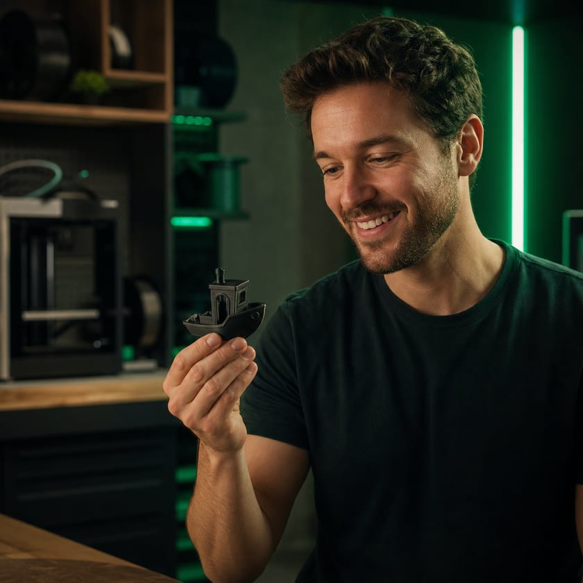A maker examining a freshly printed model in a green-lit 3D printing workshop.